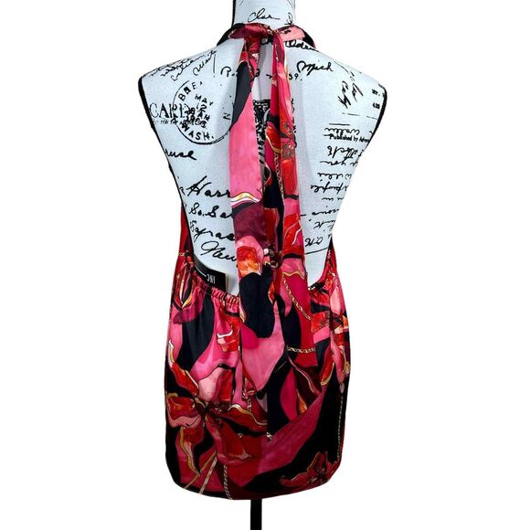 INC International Concepts pink red floral halter top back tie size L boho club - Picture 2 of 15